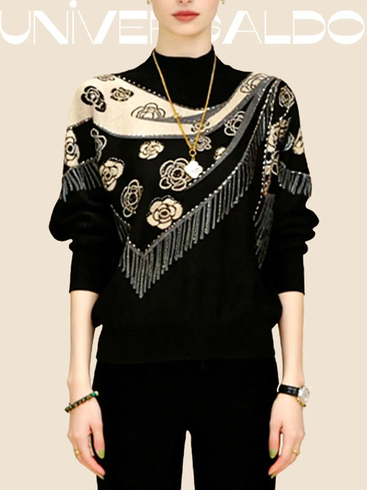 Двустранна Тениска от Имитиран Кашмир с Принт и Свободен Крой