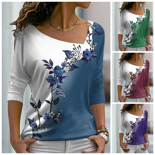 Тениска с Флорален Принт, Смесени Цветове и Кръгла Яка