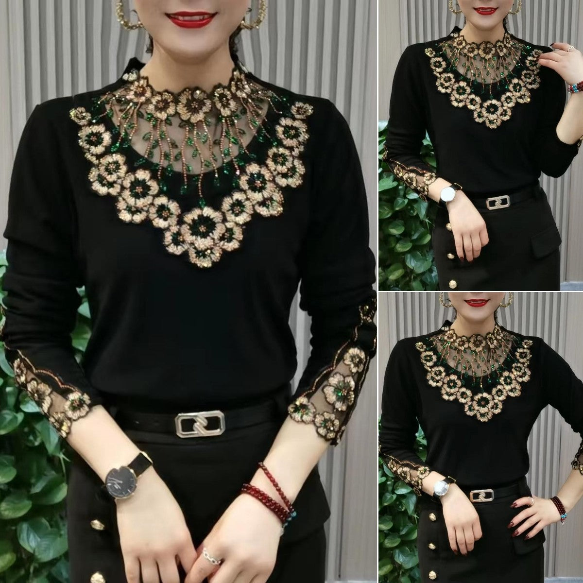 Тази нова топла риза с дълъг ръкав е изработена от висококачествен кадифе и е с дантелена яка, което я прави идеална за носене през есента и зимата.