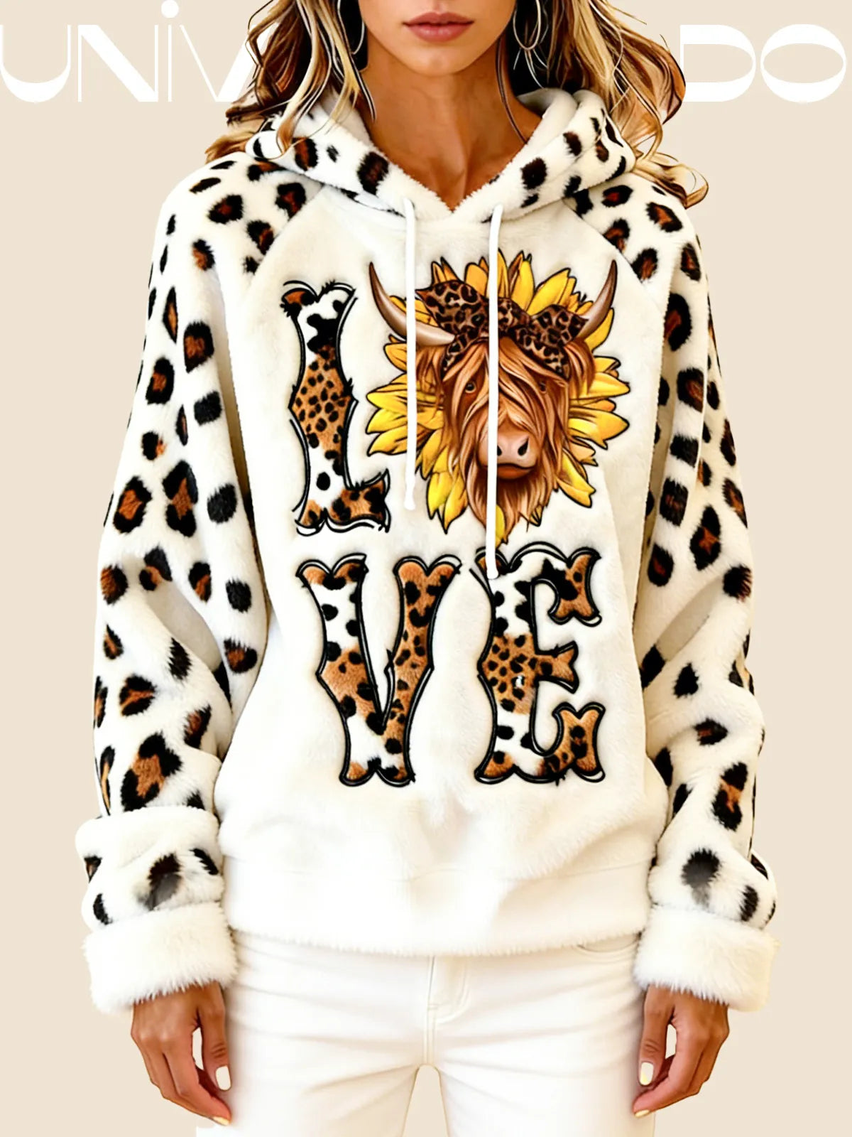 Суитшърт от Фланел с Качулка и Анимационен Принт на Кравка