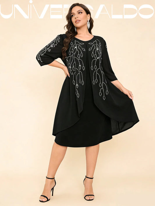 Псевдо-Двуделна Рокля със Среден Ръкав и Кристали