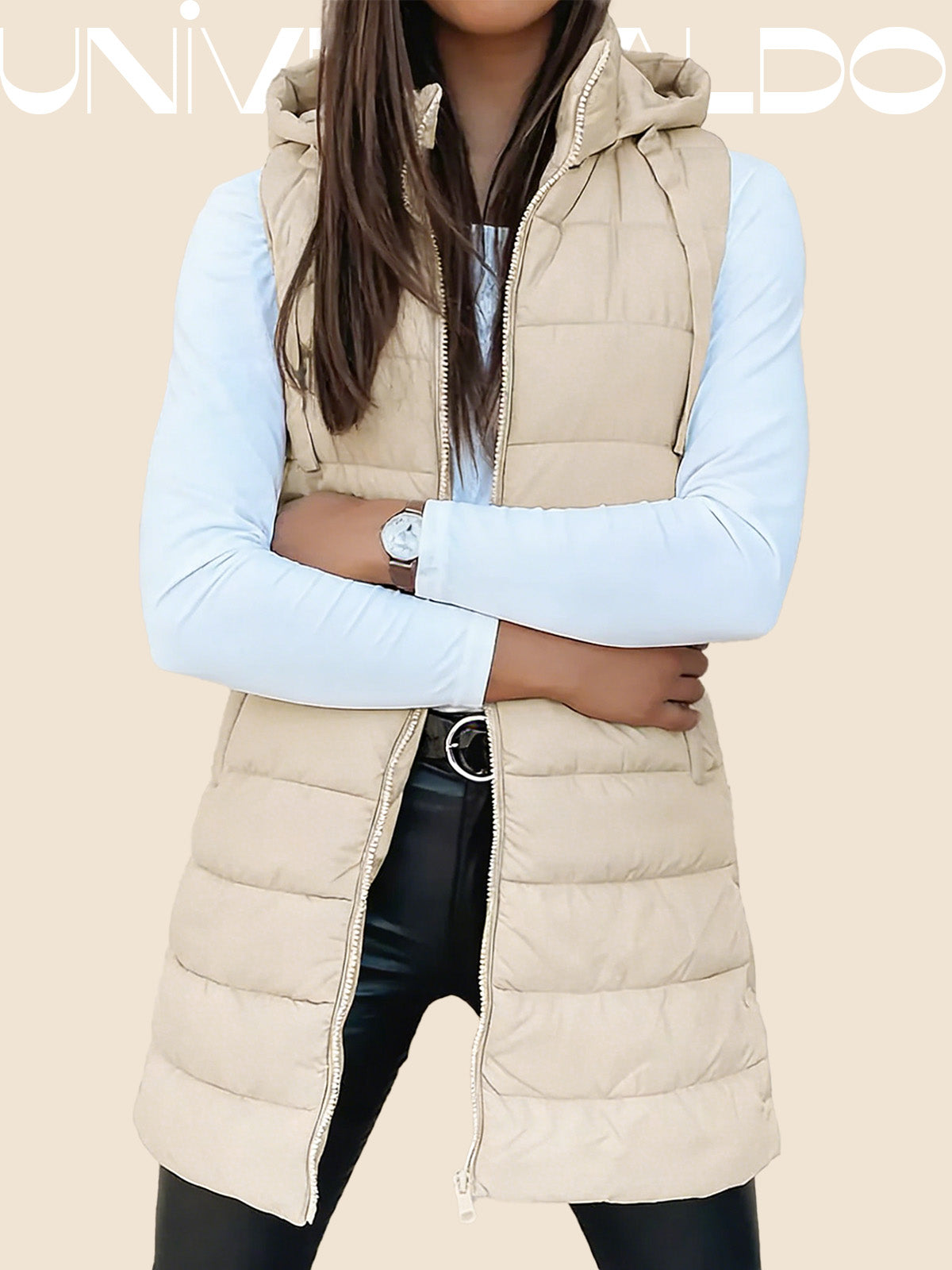 Удължена Памучна Външна Жилетка с Качулка и Молния