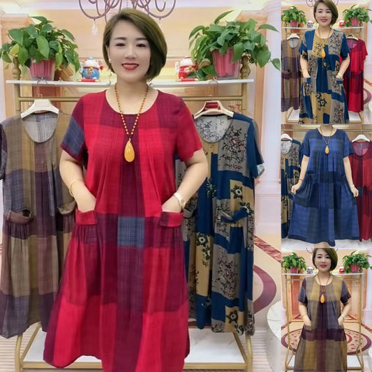 👗❤️【50-100 кг】2025 Карирана пътна рокля, модна ежедневна удобна рокля за майка