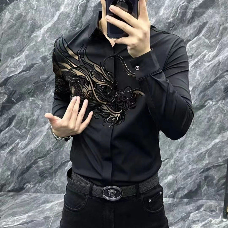 50% ОТСТЪПКА👔💥🔥【M-5XL】Мъжка елегантна поло риза с ревер и цип - Класическо черно с изящна бродерия【45-120 KG】