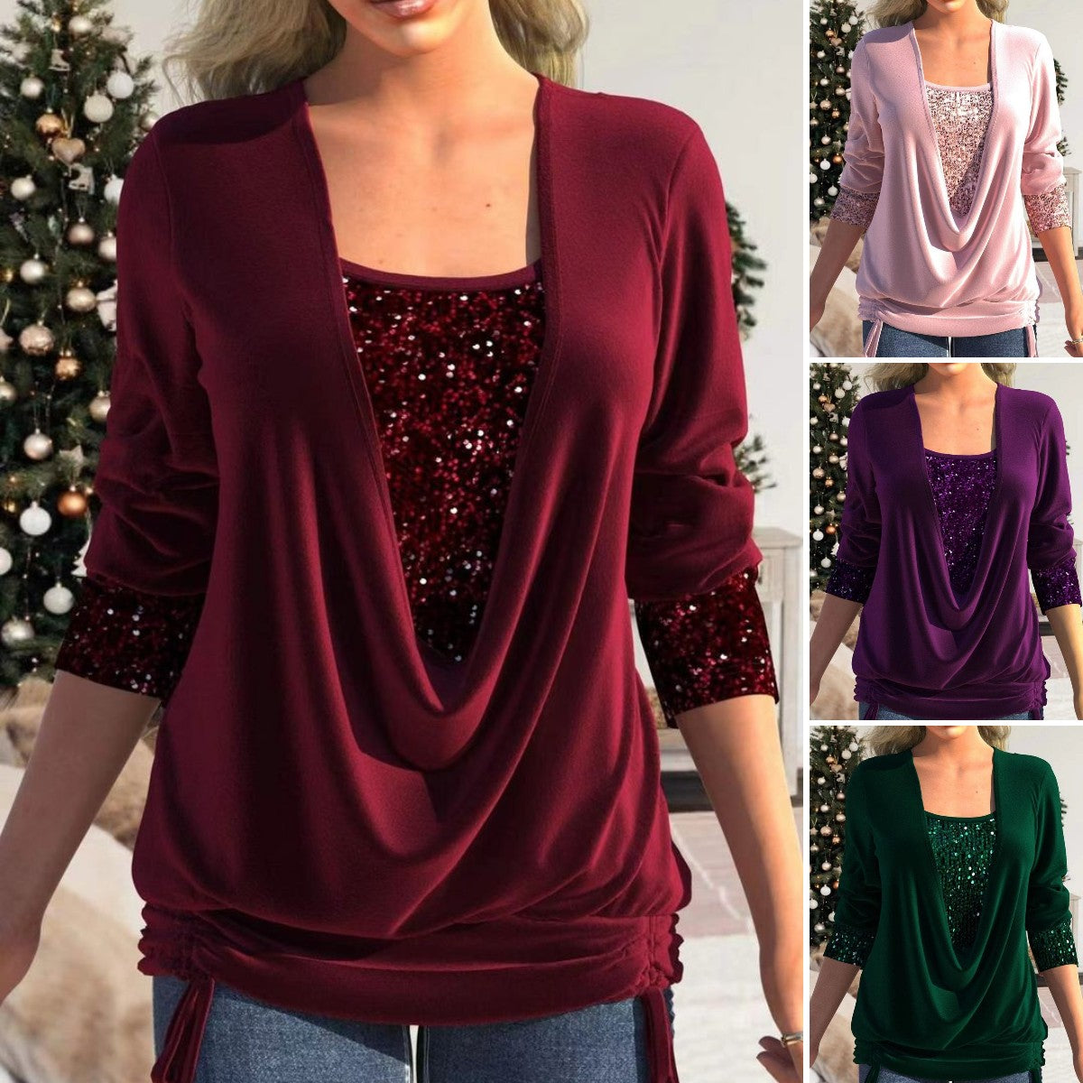 🥰❄️【S-5XL】Нов дамски блуза с дълги ръкави и пайети, голям размер