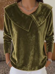 Кадифена Блуза с Дълъг Ръкав в Един Цвят