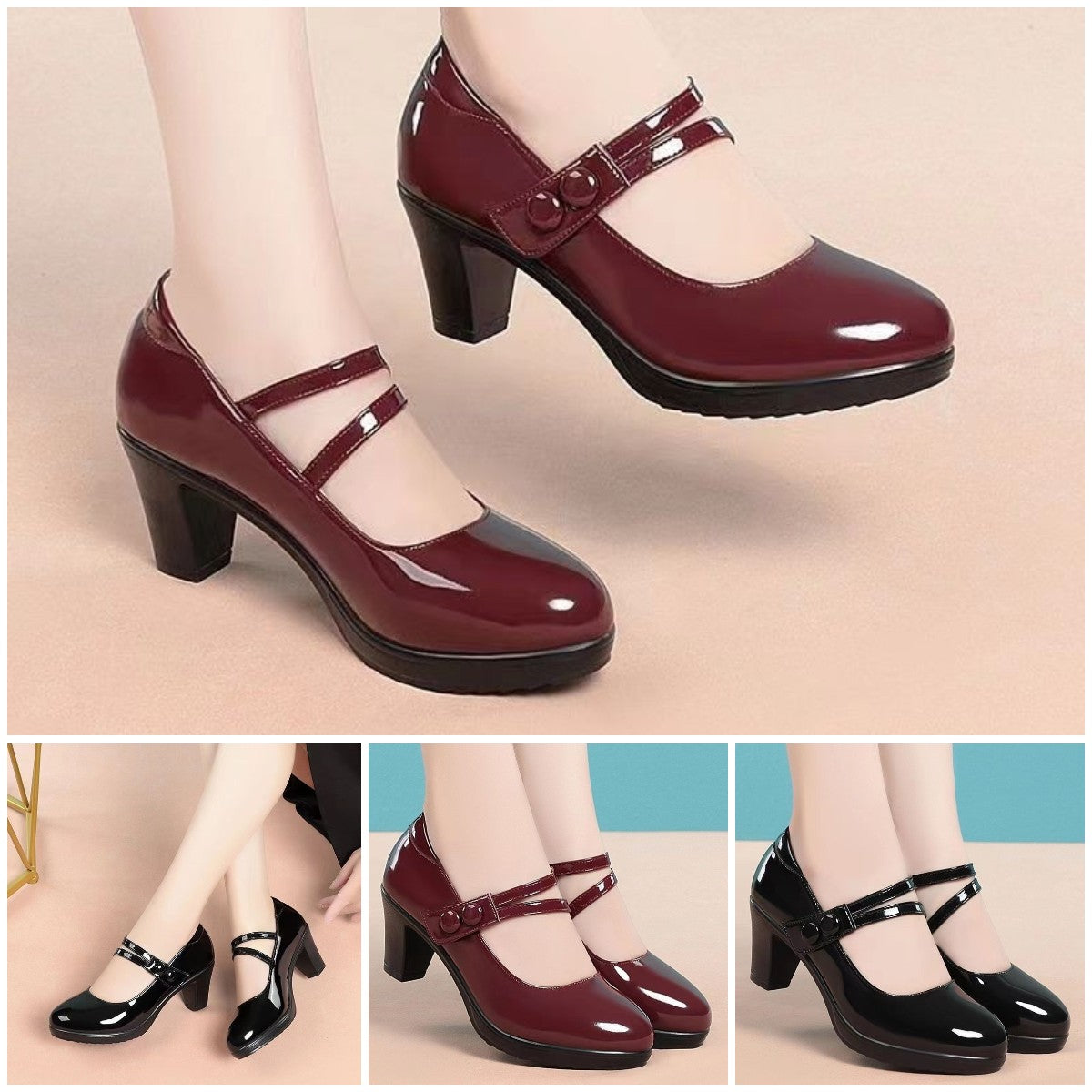 【35-40】Нови модни дамски обувки на висок ток с дебел ток и катарама