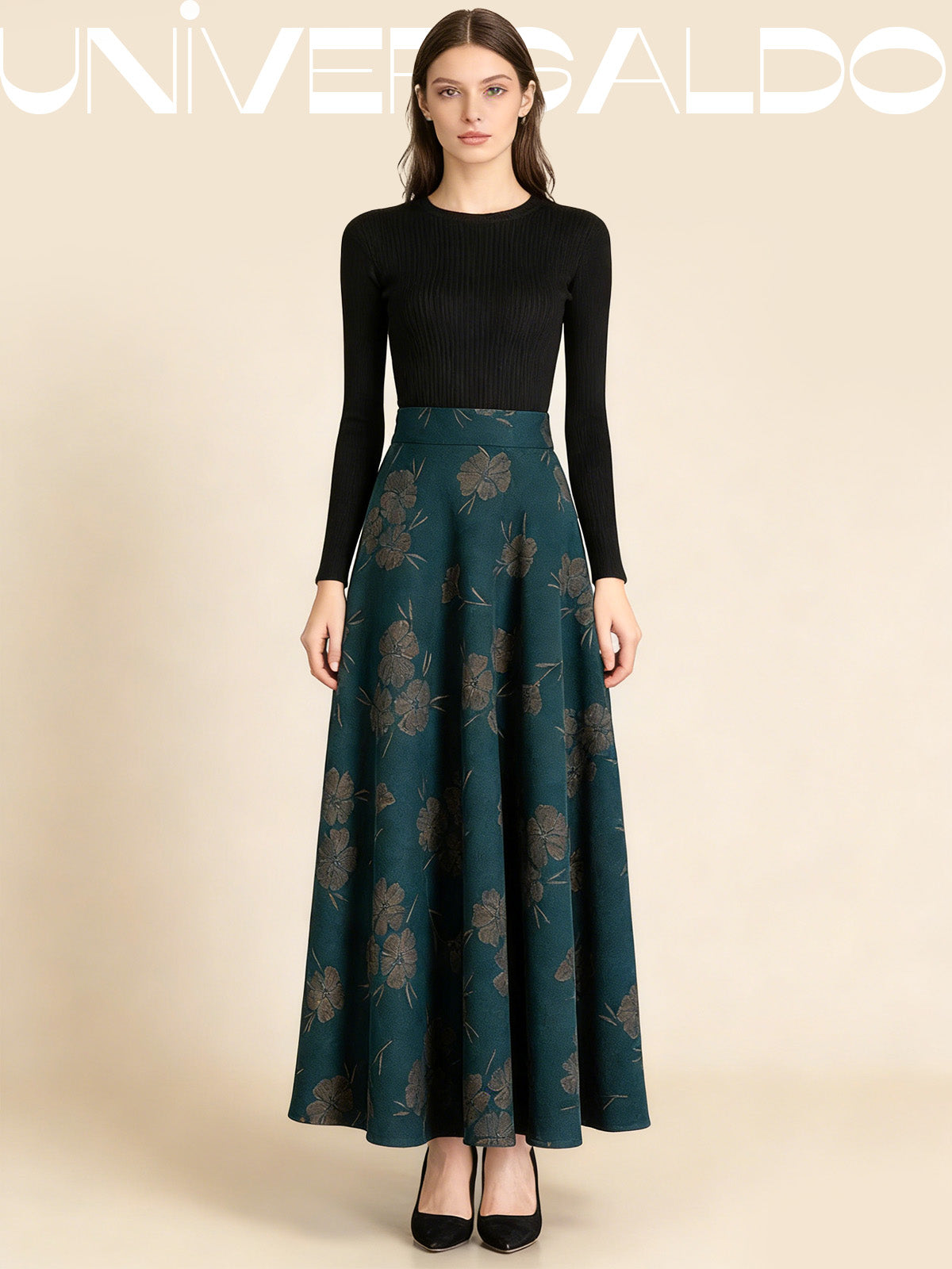 Вълнена Полу-Рокля с Висока Талия и Флорален Принт