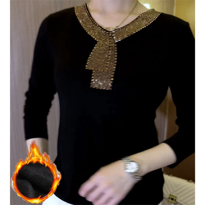 💥【50% ОТСТЪПКА】✨【M-5XL】Висококачествена зимна кадифена тениска с дълъг ръкав, украсена с кристали, топла и стилна.