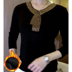 💥【50% ОТСТЪПКА】✨【M-5XL】Висококачествена зимна кадифена тениска с дълъг ръкав, украсена с кристали, топла и стилна.