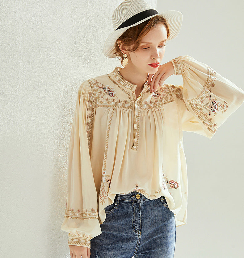 【M-3XL】Нов бохемски топ с висока яка, свободен и шикозен, модерна и универсална риза с щампа