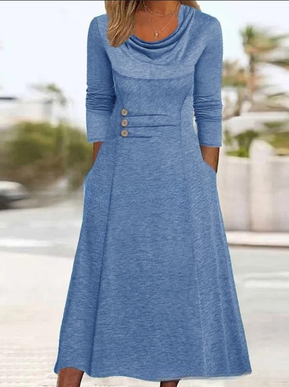 🍁【Ново поступление за есен/зима🔥】👗 Елегантна едноцветна рокля с джобове и обло деколте