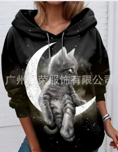【50% отстъпка】🐱 Дамски суитшърт с 3D принт и мотив на котка и животно. Уникален дизайн, сладък модел