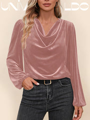 Дамска блуза с плисирана стояща яка и дълъг ръкав