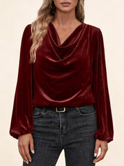 Дамска блуза с плисирана стояща яка и дълъг ръкав