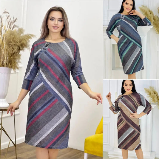 👗🍂 Нова есенна елегантна рокля с кръгло деколте и райета