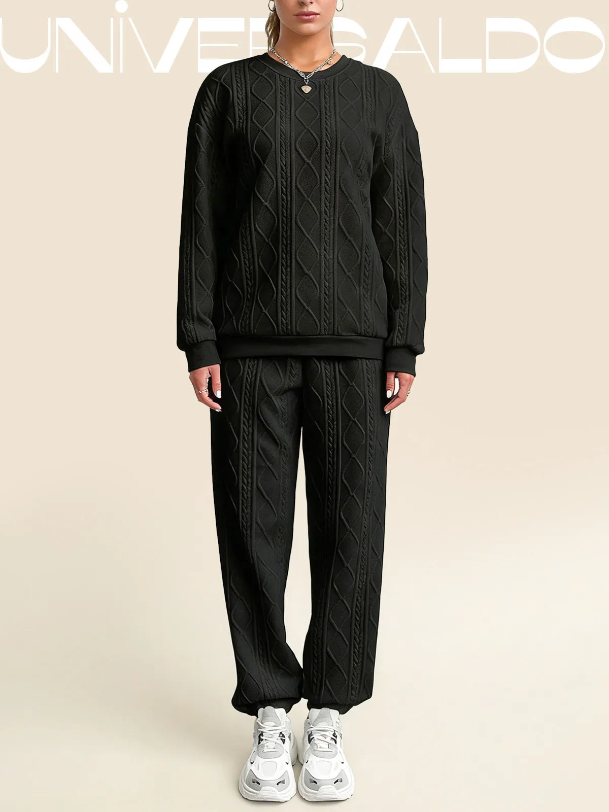 2-Части Комплект: Блуза с Плетен Узор и Прилепнали Панталони