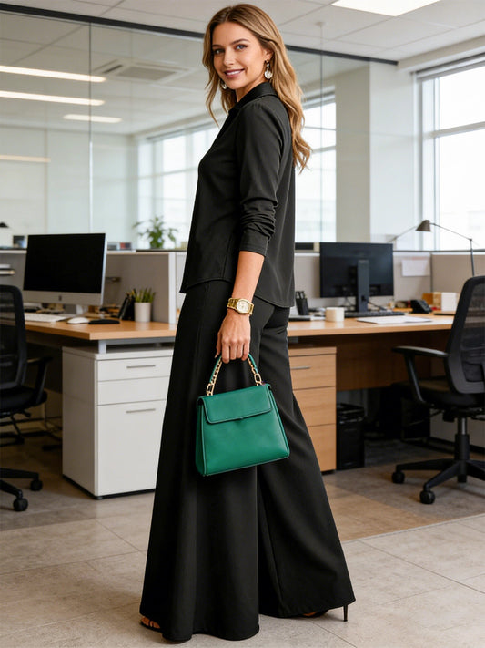 2-Части Комплект Блуза с V-Яка и Широки Панталони