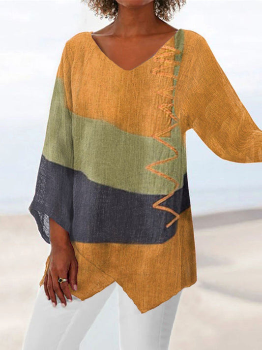 🍁Специална есенна оферта🍂【S~4XL】Дамска ленена риза с дълъг ръкав и V-образно деколте ✨