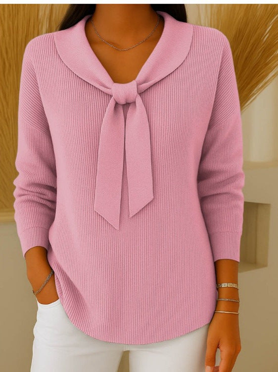 【S-5XL】Дамски пуловер с дълги ръкави, едноцветен с колан и свободна кройка