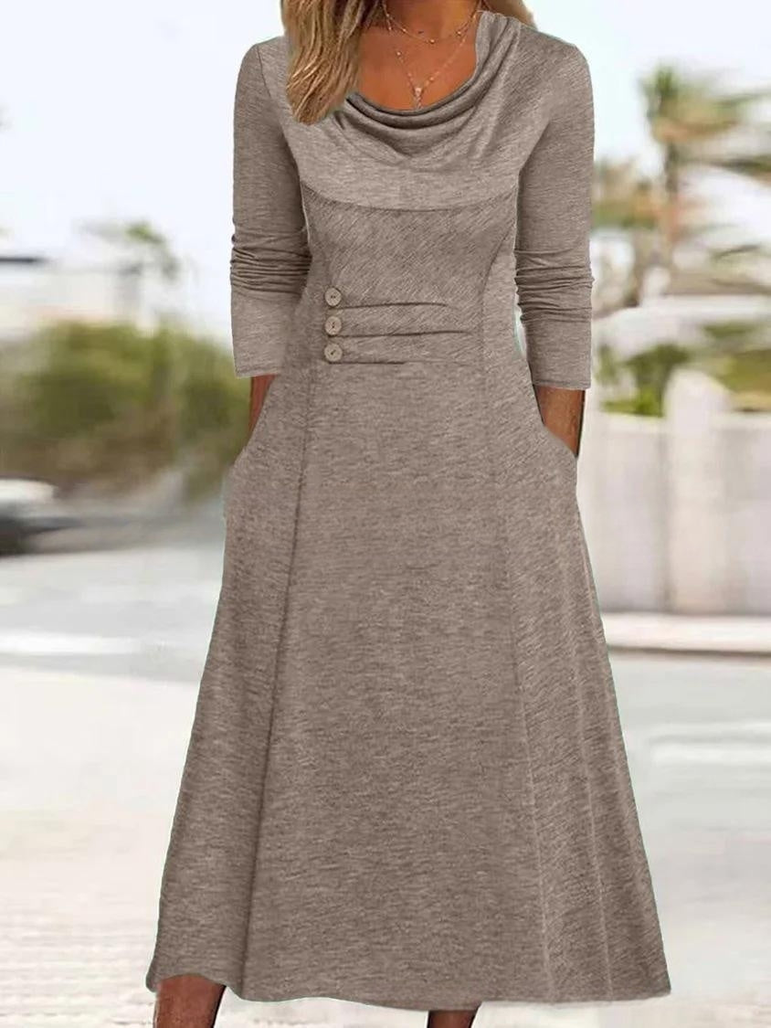 🍁【Ново поступление за есен/зима🔥】👗 Елегантна едноцветна рокля с джобове и обло деколте