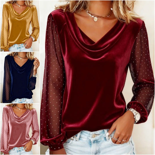 Нова дамска мрежеста тениска с дълъг ръкав и V-образно деколте