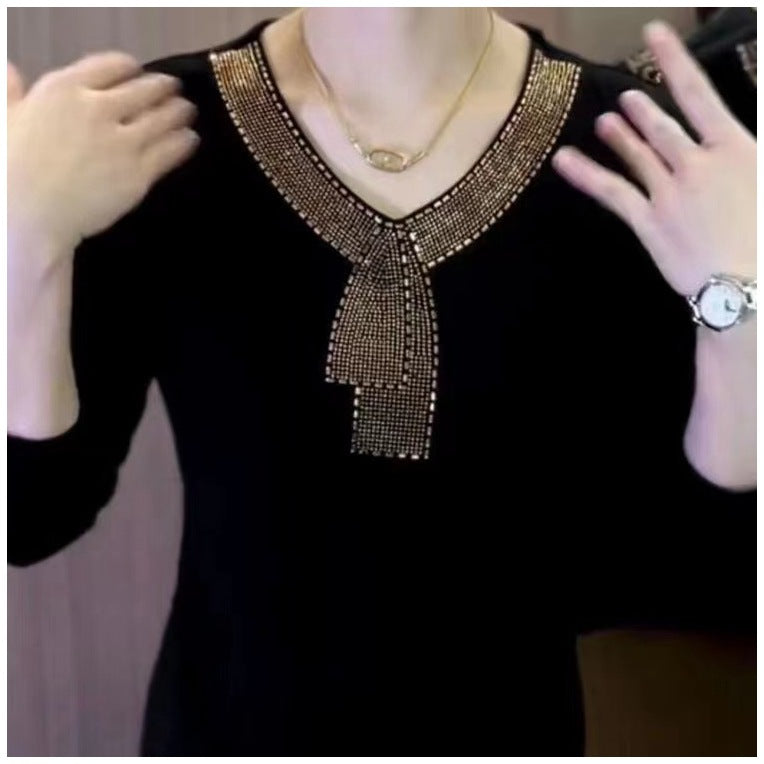 💥【50% ОТСТЪПКА】✨【M-5XL】Висококачествена зимна кадифена тениска с дълъг ръкав, украсена с кристали, топла и стилна.