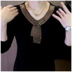 💥【50% ОТСТЪПКА】✨【M-5XL】Висококачествена зимна кадифена тениска с дълъг ръкав, украсена с кристали, топла и стилна.