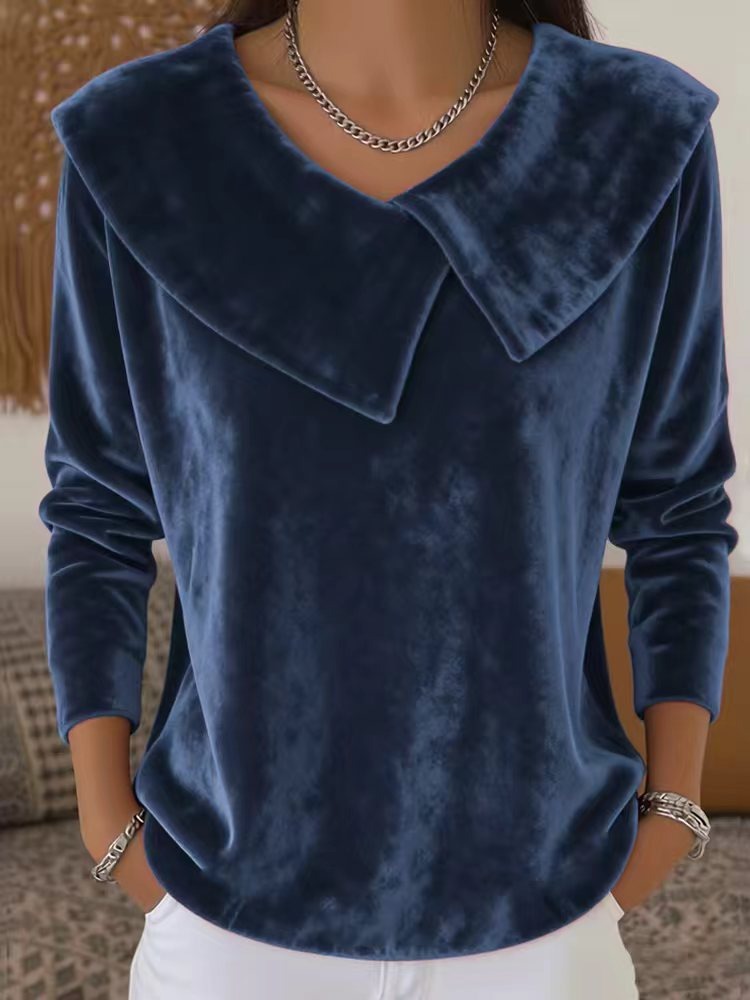 Кадифена Блуза с Дълъг Ръкав в Един Цвят