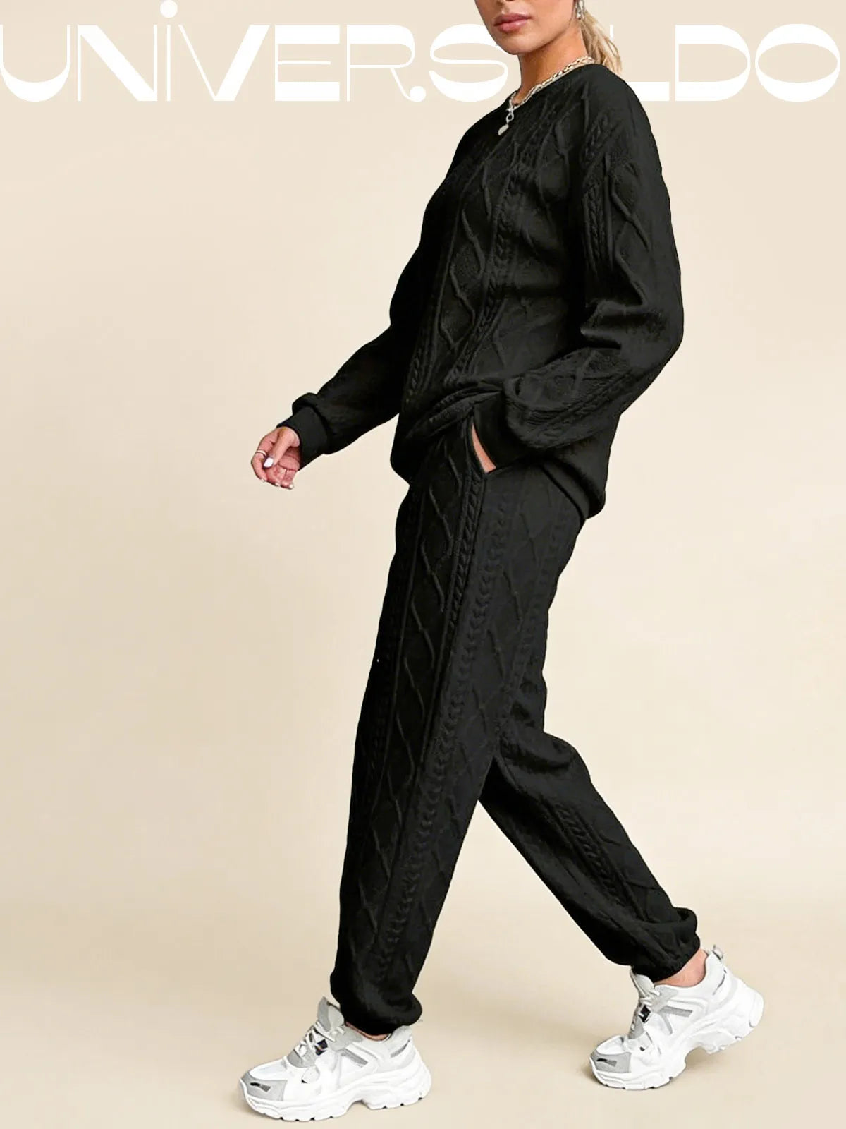 2-Части Комплект: Блуза с Плетен Узор и Прилепнали Панталони