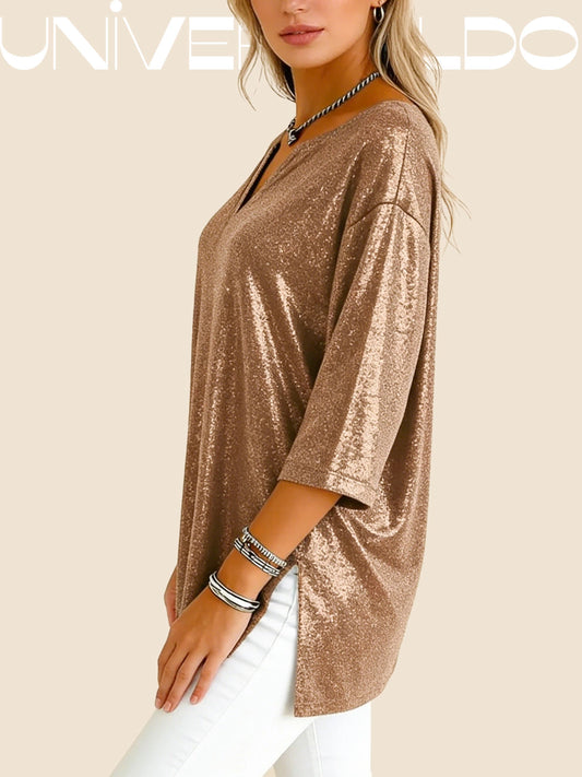 Блестящ Блузон С V-Деколте, Свободен, С Дължина До Лакът