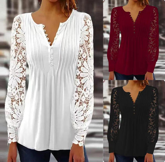 Нова модна дамска дантелена тениска с дълъг ръкав