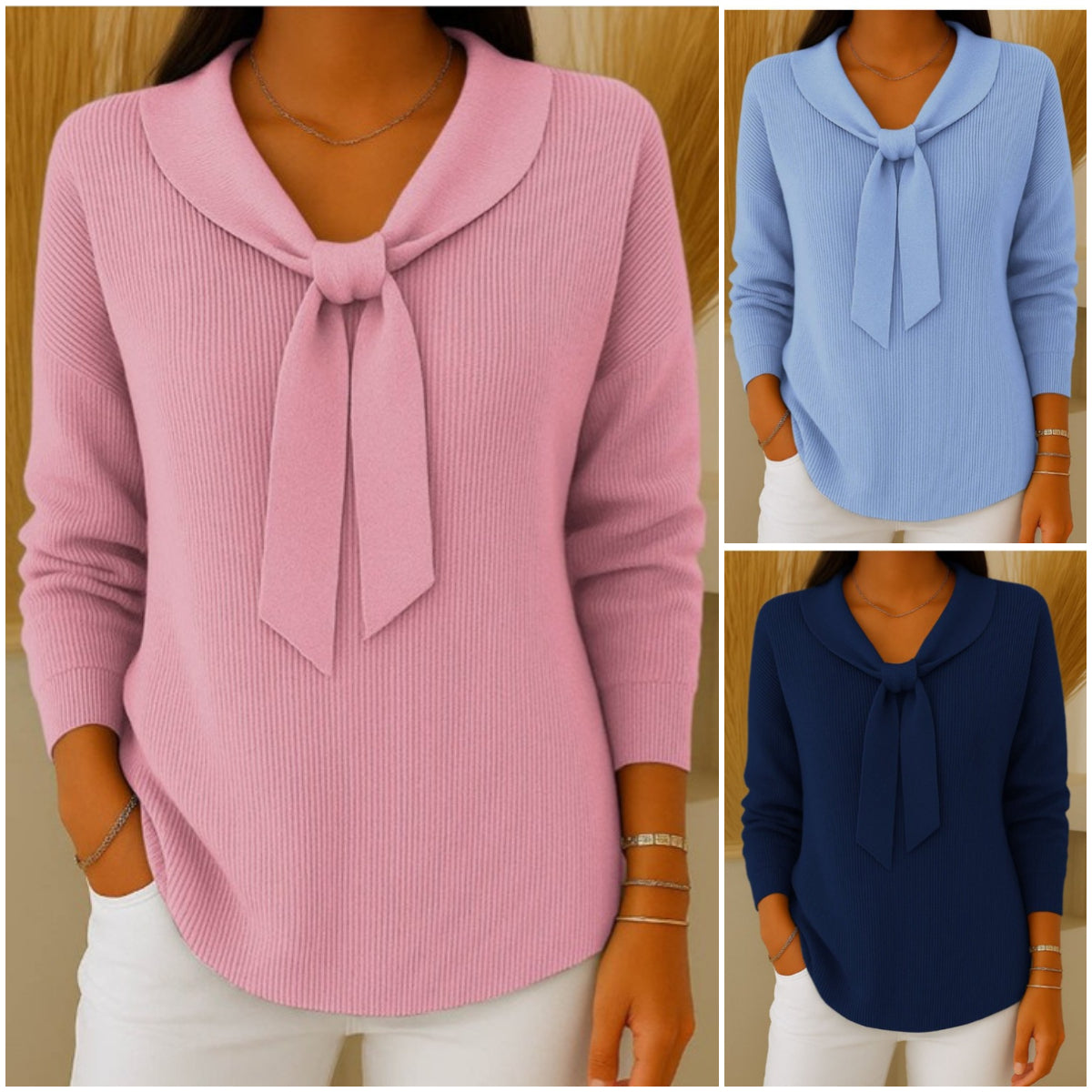 【S-5XL】Дамски пуловер с дълги ръкави, едноцветен с колан и свободна кройка