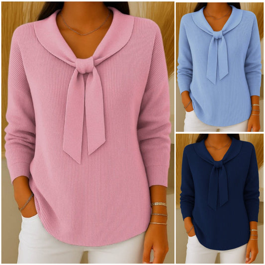 【S-5XL】Дамски пуловер с дълги ръкави, едноцветен с колан и свободна кройка