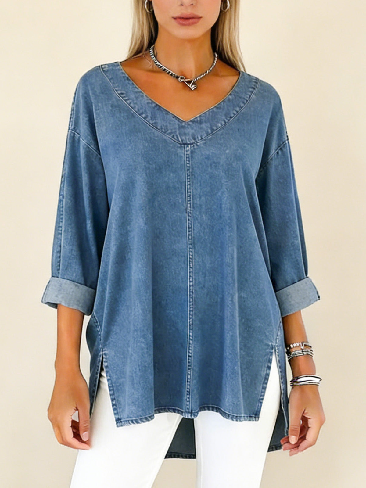 Дамска Деним Блуза с V-Яка и Дълъг Ръкав