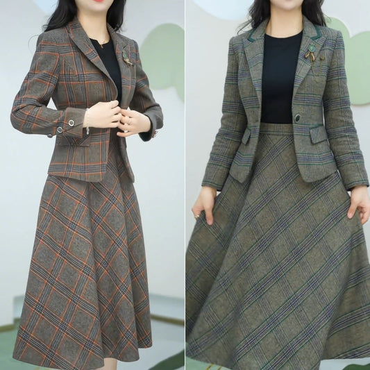 🔥50% отстъпка💃【M-5XL】✨2025 костюм с малка карирана пола, тесен костюм от две части