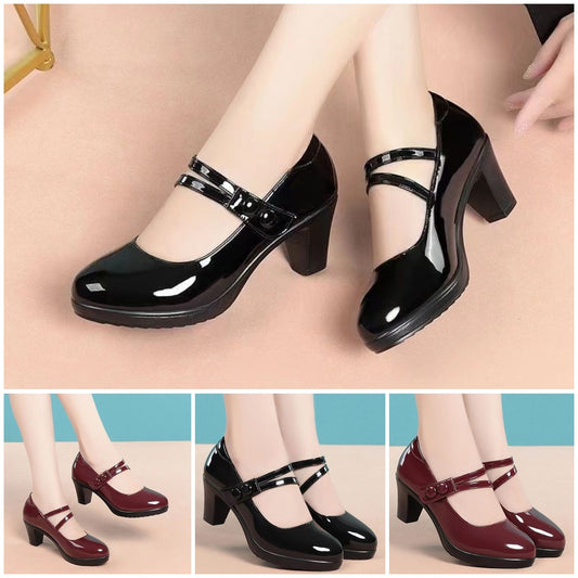 【35-40】Нови модни дамски обувки на висок ток с дебел ток и катарама