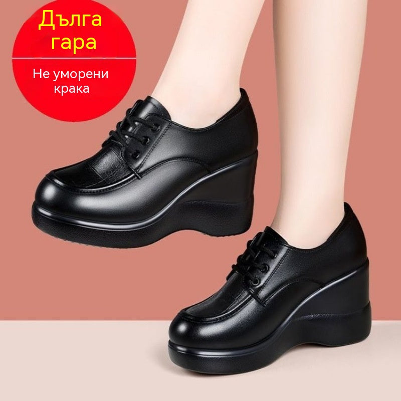 Дамски Обувки От Мека Кожа С Повдигаща Дебела Подметка И Клин Ток