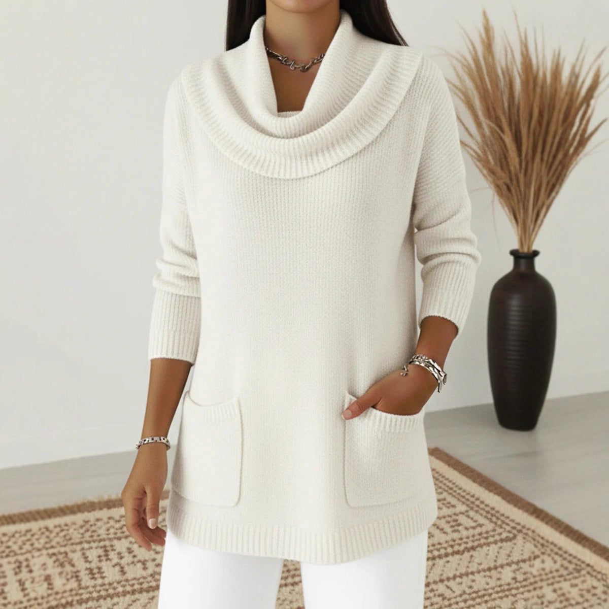 🧶50% отстъпка🔥 Нов дамски пуловер в едноцветен вариант с джобове, идеален за есента и зимата.