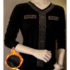 💥【50% ОТСТЪПКА】✨【M-5XL】Висококачествена зимна кадифена тениска с дълъг ръкав, украсена с кристали, топла и стилна.