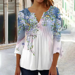 🔥Промоция – Намаление до 50%🌸【S-5XL】Елегантна дамска тениска с V-образно деколте и принт