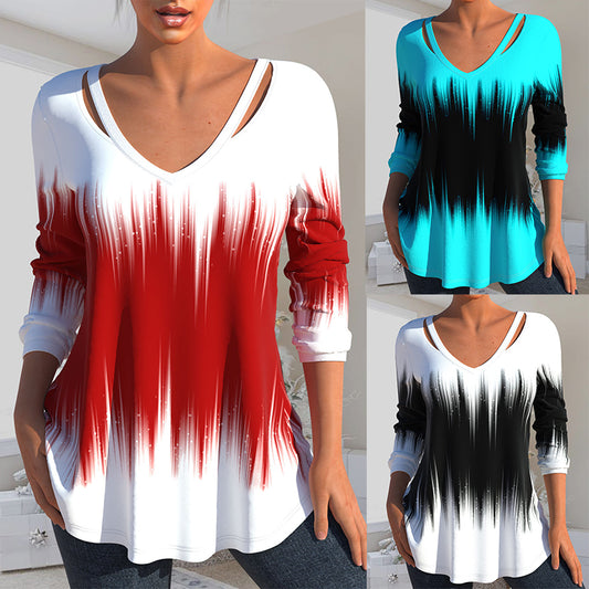 🎅Коледна промоция🎄Дамски топ с дълъг ръкав и V-образно деколте с щампа