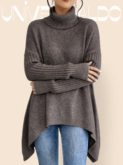 Асиметричен Плетен Пуловер с Падащи Ръкави и Висок Яка