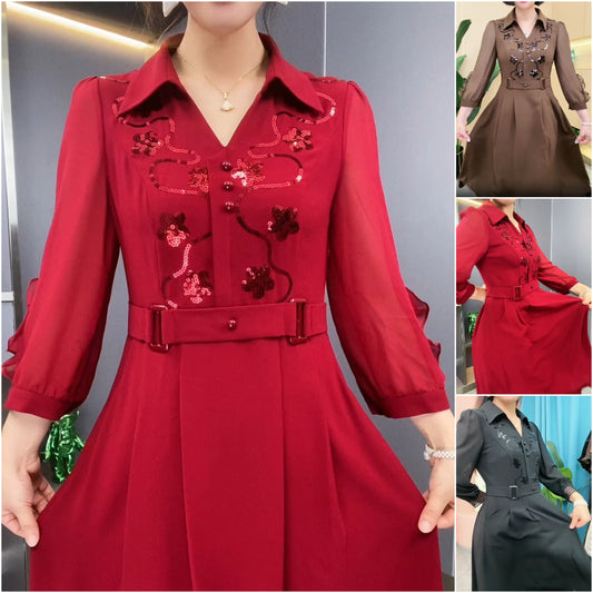 😍👗【M-4XL】🍁Нова висококачествена шифонена рокля с V-образно деколте и пайети