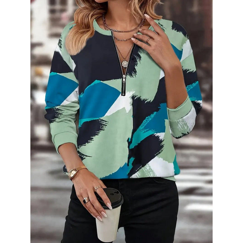 Дамски пуловер с цип и широка кройка - V-образно деколте, дълъг ръкав, цветно блокиран дизайн