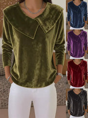 Кадифена Блуза с Дълъг Ръкав в Един Цвят