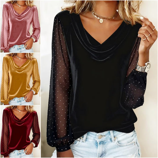 Нова дамска мрежеста тениска с дълъг ръкав и V-образно деколте