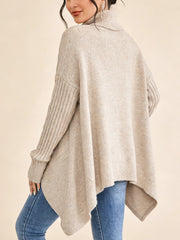 Асиметричен Плетен Пуловер с Падащи Ръкави и Висок Яка