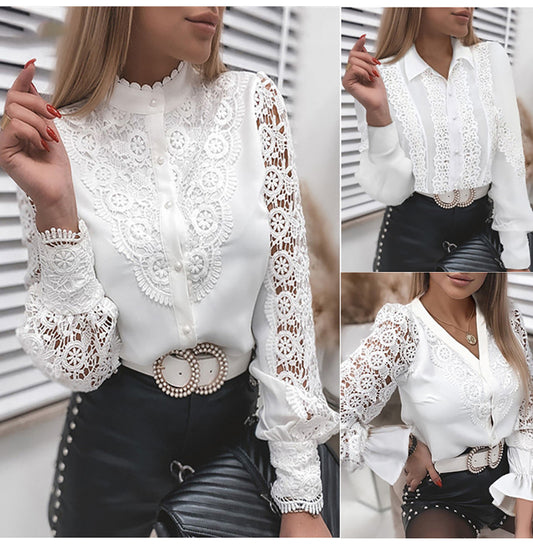 Стилна дантелена риза, дълъг ръкав, с копчета