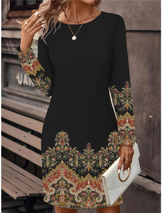 🔥🥰【S-3XL】Нова рокля с щампа и кръгло деколте